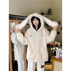MAOYOU春季甜美蝴蝶结兔耳连帽卫衣女少女心韩系宽松帽衫外套上衣，女装短外套，星座506A