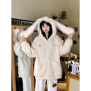 MAOYOU春季甜美蝴蝶结兔耳连帽卫衣女少女心韩系宽松帽衫外套上衣图片