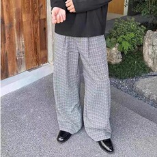 阔腿裤男女直筒长裤子秋冬新款松紧腰百搭休闲裤显瘦薄款格子裤，男装休闲裤，星座506A
