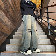 年夏季新款港风美式复古水洗设计感小众破洞牛仔裤insZK3608-P45，男装牛仔裤，星座313A(原308A-2)