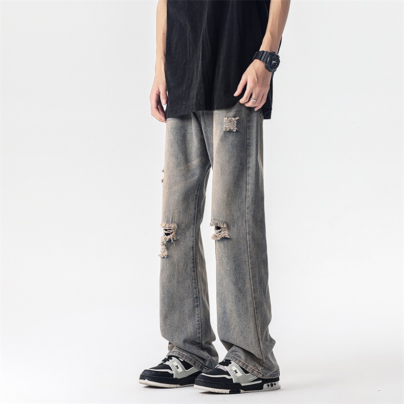美式破洞牛仔裤男潮牌复古微喇长裤高街小众休闲裤子，男装牛仔裤，星座410-6（原星座1304-1）
