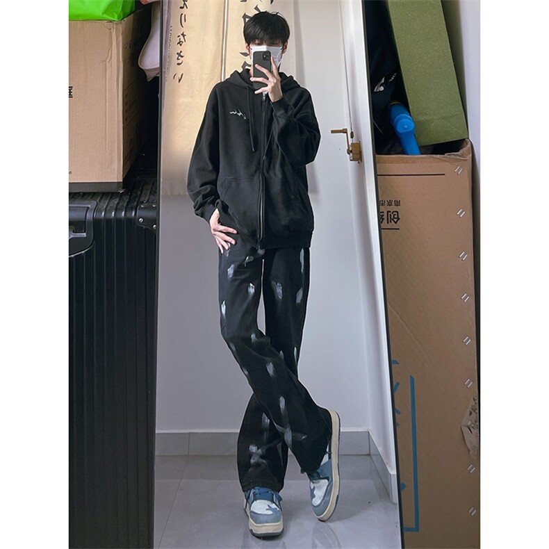 B221美式ins高街小众情侣款喷墨微喇牛仔裤LK22080-P60控78,男装牛仔裤,电商B221