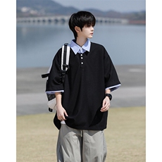 8XL-M假两件衬衫领短袖T恤大码夏季条纹拼接polo衫半袖DX1211/P45，男装T恤，电商B238