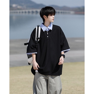 8XL-M假两件衬衫领短袖T恤大码夏季条纹拼接polo衫半袖DX1211/P45图片