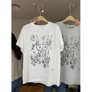 T0709-P25 黑白简约高级感线条猫咪卡通纯棉短袖男女款学院风宽松图片