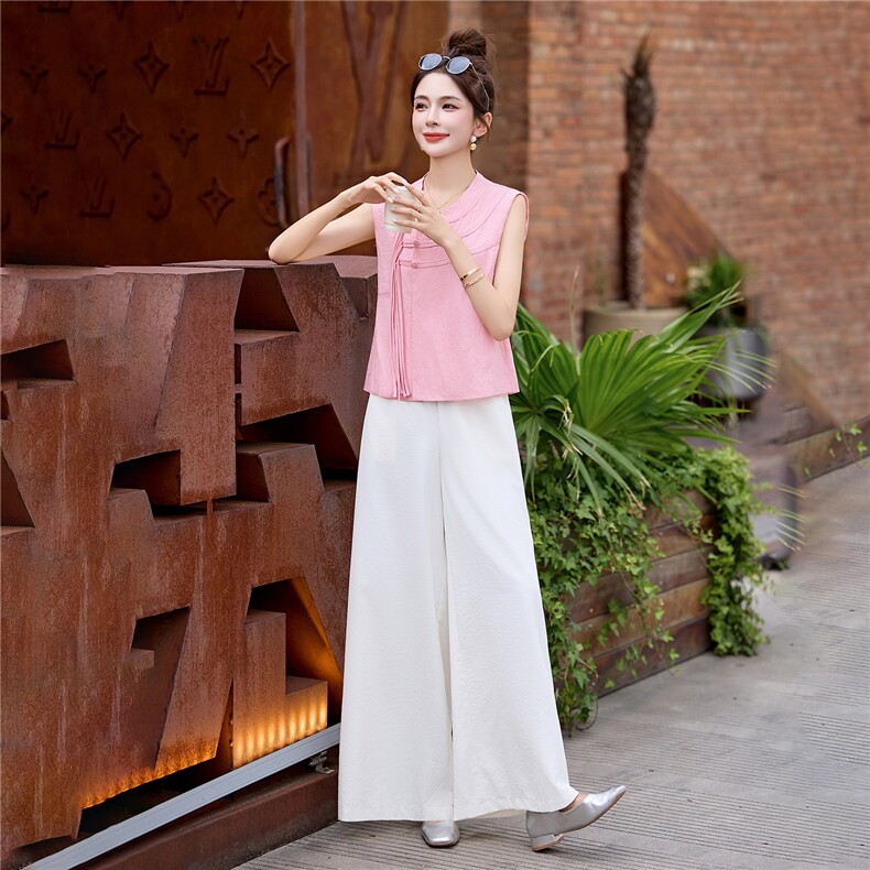 现货209-3277-P155-K218新款新中式夏季盘扣阔腿裤两件套,女装套装/套裙,韩蜜菓