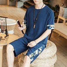 中国风男棉麻套装仙鹤印两件套短袖+短裤A09可分开销售，男装套装，电商B277(原6028)