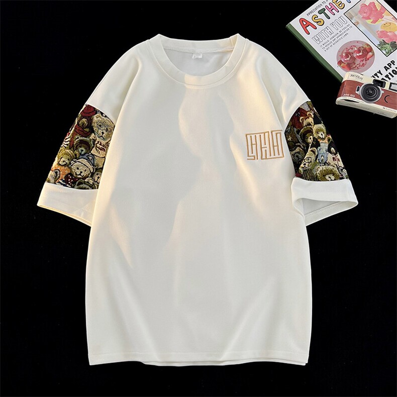 夏季男士刺绣圆领T恤拼接薄款上衣潮流小熊体恤汗衫A266-T188-P22,男装T恤,电商A266