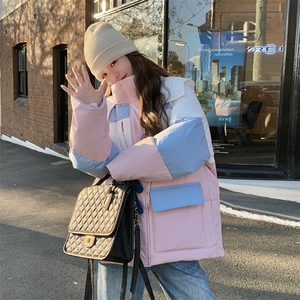 设计感小众撞色连帽面包服棉袄女短款2024年冬季加厚新款羽绒棉服图片