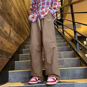 港风夏款男冰丝褶皱休闲裤字母刺绣抽绳防水冲锋长裤h082 P40图片