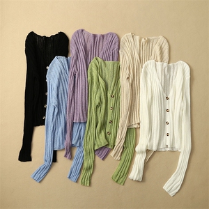 夏季长袖防晒开衫女冰丝短款高腰针织小外搭超薄镂空外套空调罩衫图片