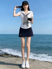 女夏时尚洋气套装裙修身减龄翻领设计感甜美蝴蝶结短袖短裙两件套，女装套装/套裙，江南