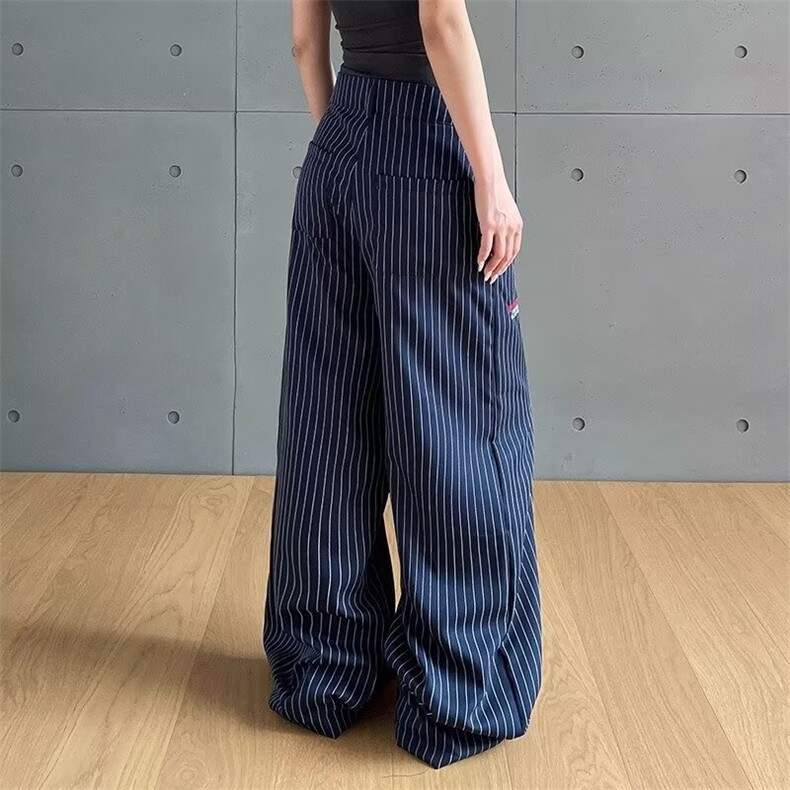 蓝色条纹裤女夏季新款大码胖mm宽松显瘦遮肉微胖休闲裤拼接阔腿裤图片