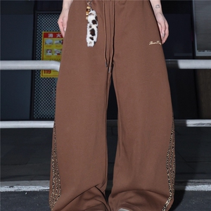 美式复古街头风设计感豹纹条纹弯刀休闲裤男女拼接百搭宽松卫裤图片