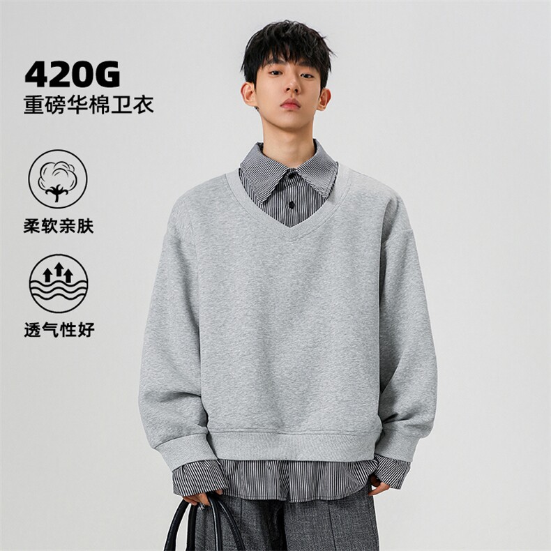 特批P50无差价420g高克重华棉条纹拼接假两件大码卫衣男W24502图片