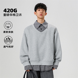 特批P50无差价420g高克重华棉条纹拼接假两件大码卫衣男W24502图片