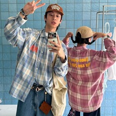 渐变印花格子衬衫男女款美式复古字母长袖衬衣宽松潮牌春秋季外套，男装衬衫，星座1210-1