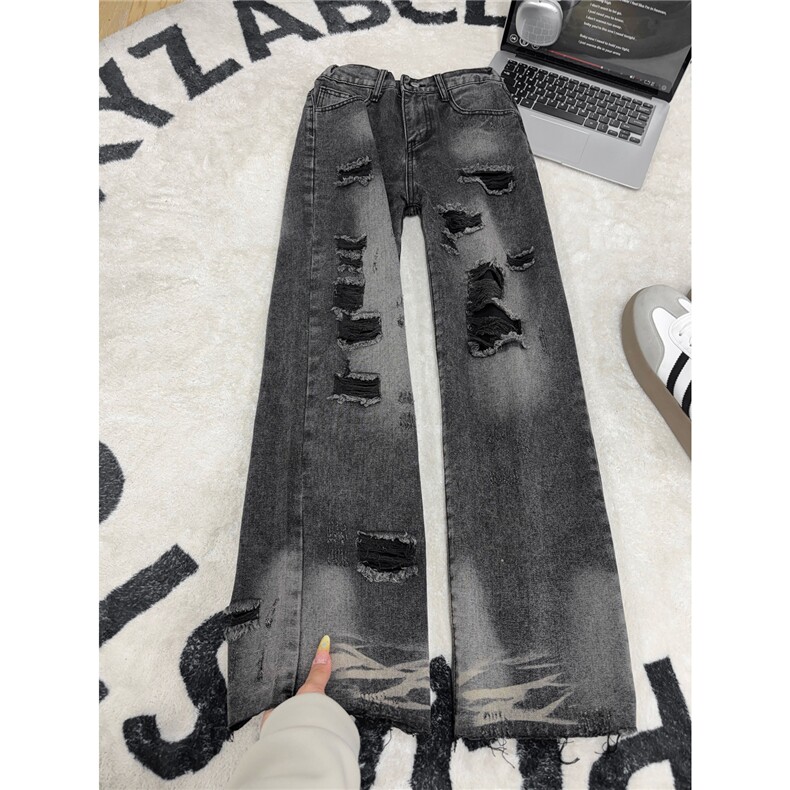 B221 美式ins高街暗黑宽松直筒破洞牛仔裤 LK25481-特P45控78图片