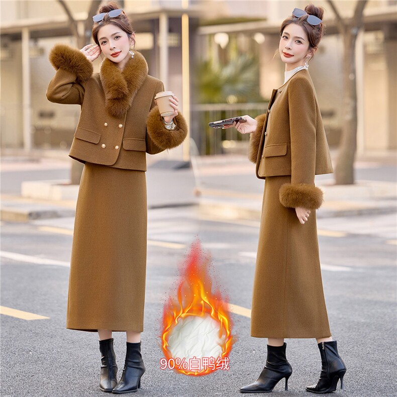 【现货】2025年冬装长裙淑女羽绒套装90%白鸭绒真狐狸毛两件套，女装套装/套裙，小九月