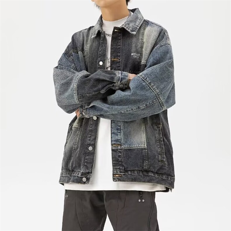 春秋设计感撞色水洗做旧牛仔外套潮牌美式hiphop宽松休闲翻领夹克图片