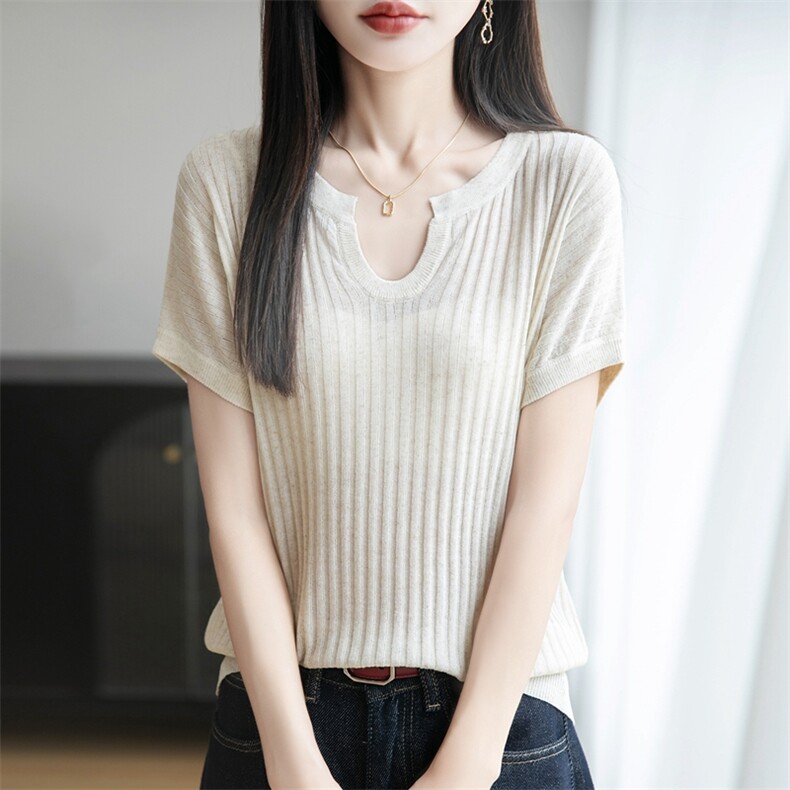 夏季款莱赛尔天丝针织短袖T恤女剪刀V领坑条上衣宽松半袖打底背心，女装针织衫/毛衣，暖烁特种纱工厂店