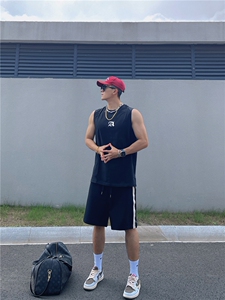 美式复古背心健身显肌肉无袖t恤纯棉重磅小领口坎肩运动汗衫