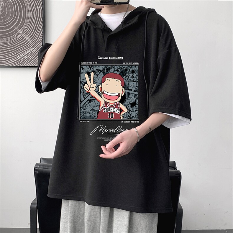 LD54392-P45NASA连帽短袖t恤男大码胖子带帽五分袖中袖,男装T恤,电商A040