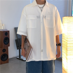C3070/P35新款港风冰丝工装多口袋短袖衬衣男女潮大码外套衬衫男图片