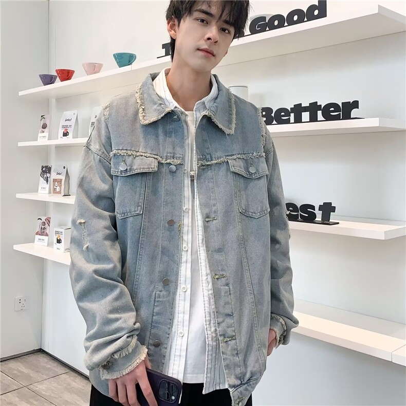 复古毛边做旧牛仔外套男女春秋宽松休闲百搭工装夹克上衣680/P55,男装夹克,星座506