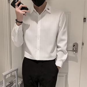 黑色衬衫男长袖条纹纯色痞帅上衣外套休闲男装冰丝白衬衣 C304图片
