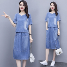 2021年夏季中腰常规时尚百搭潮流牛仔休闲裙套装，女装套装/套裙，凝聚力
