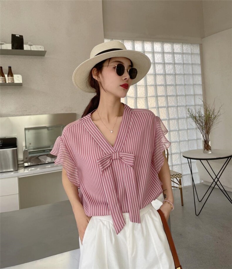 【夏季新款】木耳边条纹短袖上衣，其它，艾绮雪影