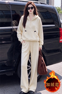 时尚运动风加绒套装女秋冬高级感加厚连帽卫衣高腰阔腿长裤两件套图片