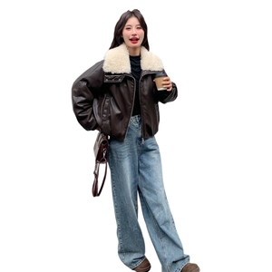 高级感气质羊羔毛领皮衣外套女2025冬季减龄韩系复古90白鸭绒外套图片