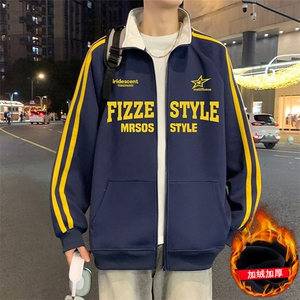 H211P55加绒60条纹开衫卫衣潮牌立领宽松外套ins美式休闲拉链上衣图片