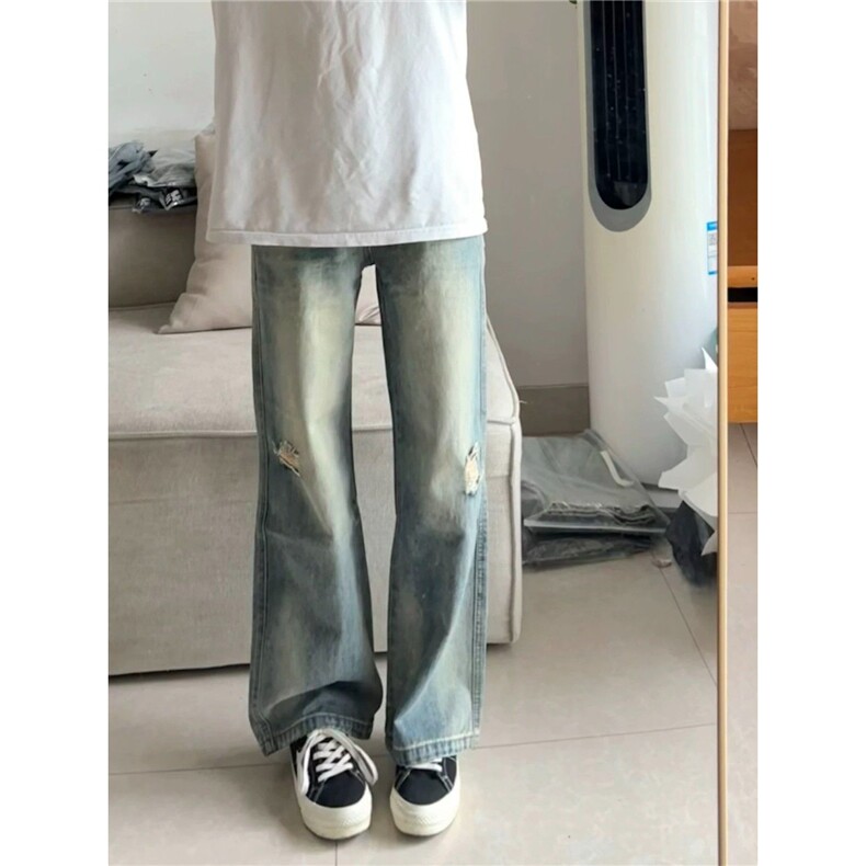 原版质量蓝色半松紧腰微喇破洞牛仔裤AM434P47，男装牛仔裤，星座1013-5