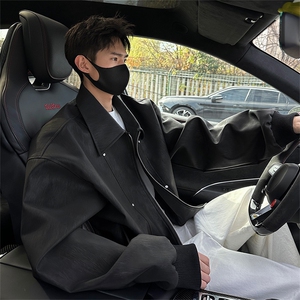 潮流翻领皮衣男春季铆钉宽松夹克拼接外套男 C61310-TP55 不图片