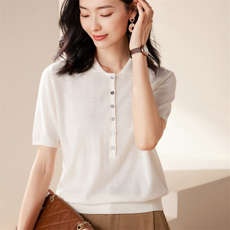 夏季新款Polo领精纺针织短袖女宽松纯色多扣T恤上衣，女装羊绒衫，江帆羊绒