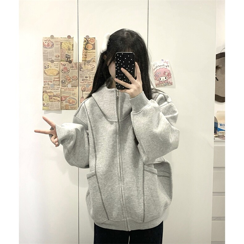 抖音得物高品质秋冬美式高街重磅结构辑明线纹理连帽卫衣外套W111,女装短外套,电商A486-1