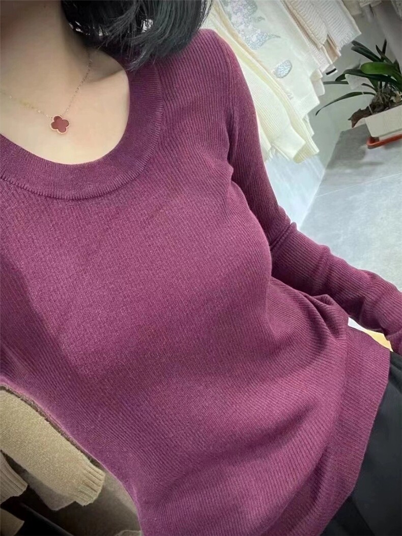 时尚显瘦高级感精纺羊毛U领抽条长袖打底衫,女装羊毛衫,圣旺供货