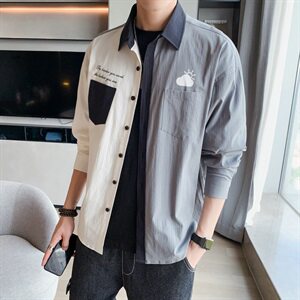 衬衫男长袖宽松休闲百搭韩版潮流拼色时尚秋衣DS937T图片