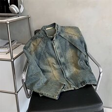 现货复古宽松蓝泥做旧立领牛仔外春秋季做旧男装夹克JN1229-P75，男装夹克，星座302B-2