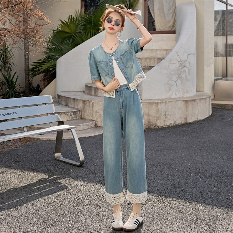 小香风气质短袖牛仔套装女2025夏季减龄一整套蕾丝拼接休闲两件套,女装套装/套裙,意芙