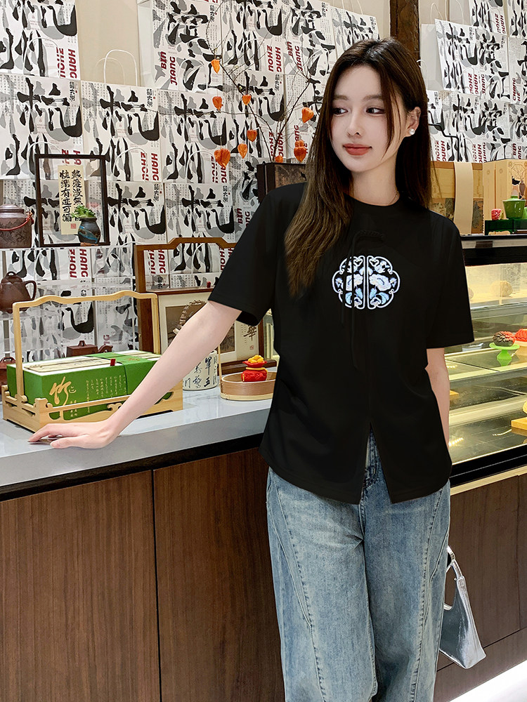 时尚开叉刺绣T恤修身显瘦短袖上衣,女装T恤,鑫慧