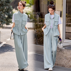 现货！2026春夏新款高级感气质轻熟风洋气马甲休闲阔腿裤三件套女，女装套装/套裙，众宇琦