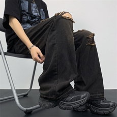 夏季新款美式复古破洞牛仔裤男高街潮牌宽松直筒裤现货K7992-P42，男装牛仔裤，星座512-3