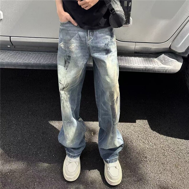美式潮牌做旧扎染牛仔裤男高街痞帅设计感直筒阔腿长裤L21277-P50图片