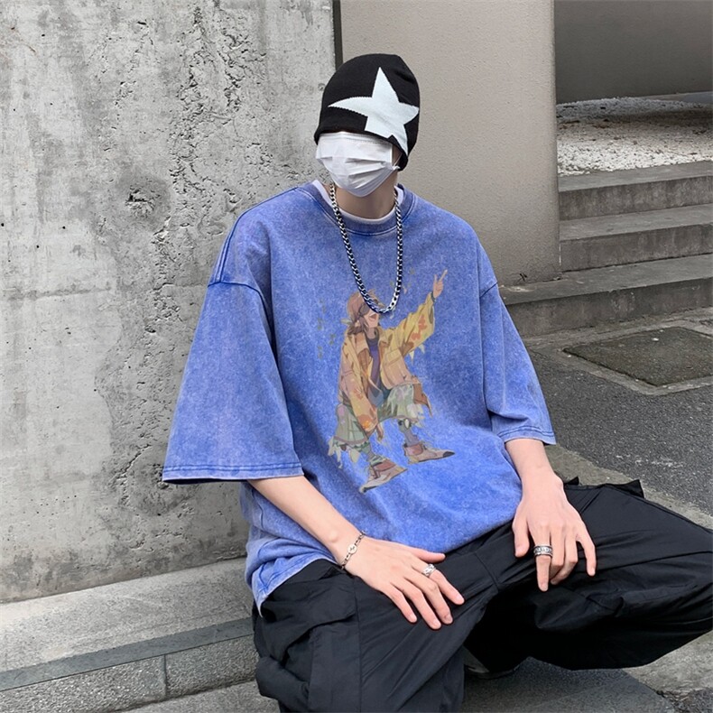 潮牌宽松短袖t恤蜡染美式复古高街水洗做旧517A-2-SX241-P38,男装T恤,星座517A-2