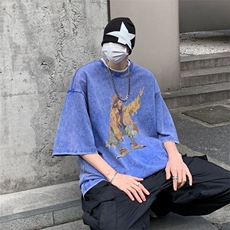 潮牌宽松短袖t恤蜡染美式复古高街水洗做旧517A-2-SX241-P38，男装T恤，星座517A-2