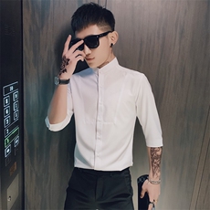 236-P552020社会精神小伙韩版潮流衬衫立领五分袖修身纯色衬衣，男装T恤，星座312A-5